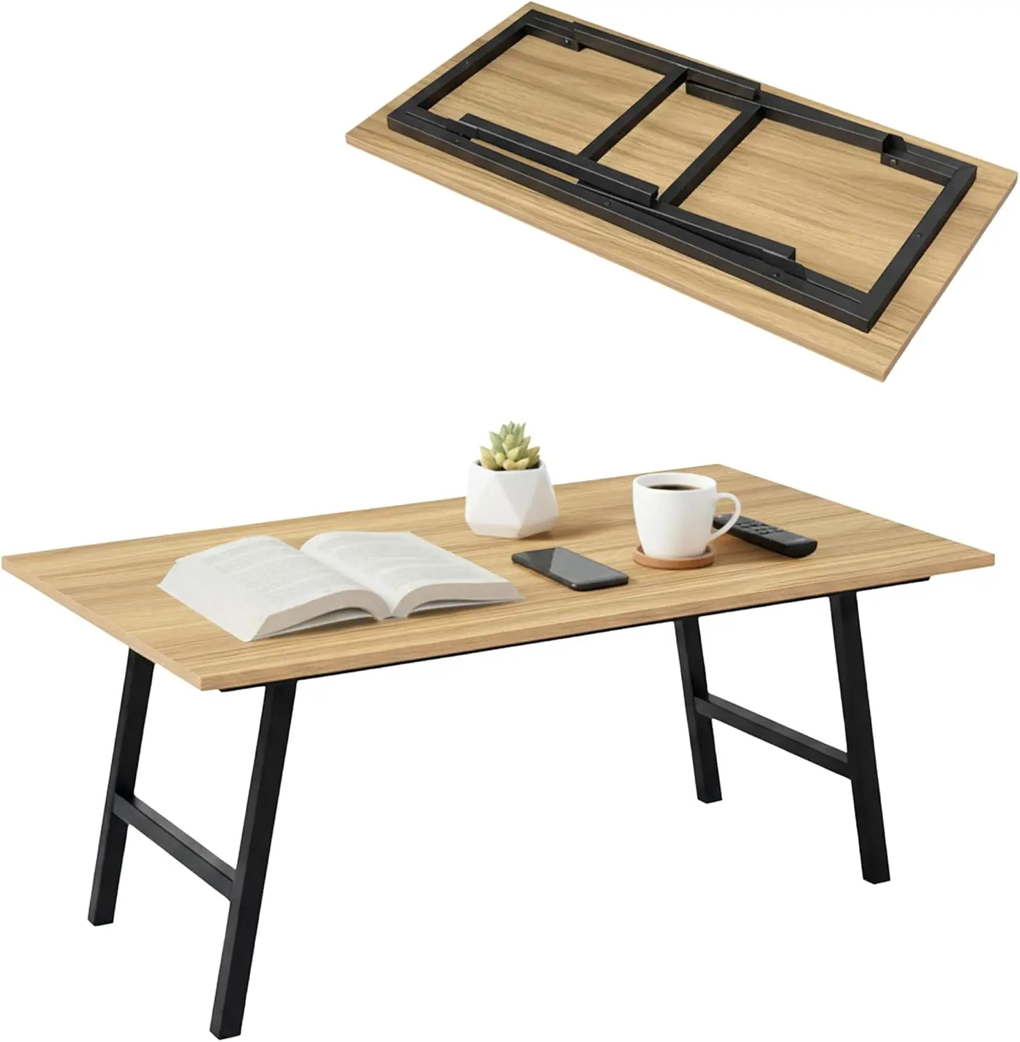 

40''×20''×16.3''H Oak Mid-Century Modern Coffee Table - Folding Portable Floor Table for Sitting on Floor & Living Rooms