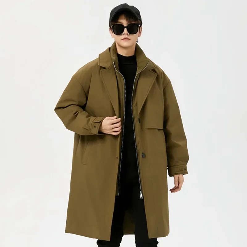 

2025 New Men Trench Solid Single Breasted Coats Turn Down Collar Spliced Fake Two-piece Jacket Pockets Loose Fit High Street
