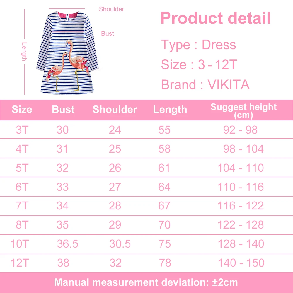 VIKITA Kids Flamingo Cartoon Appliqued Dress Girls Striped O Neck Long Sleeve Autumn Spring Straight Dresses Children Clothing