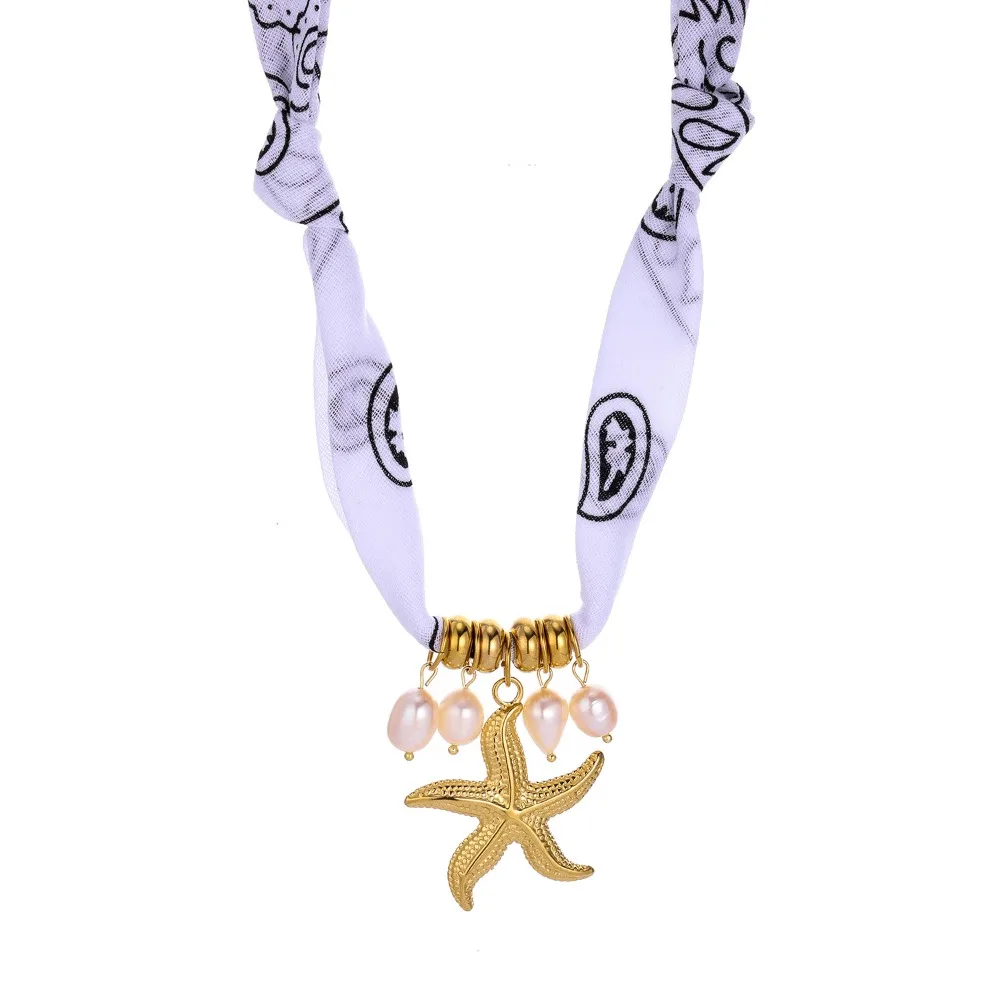 

Personality Flower Scarf Chain Necklace Beads Marine Organism Charms Nylon Rope Choker Ethnic Style Jewelry Accessories