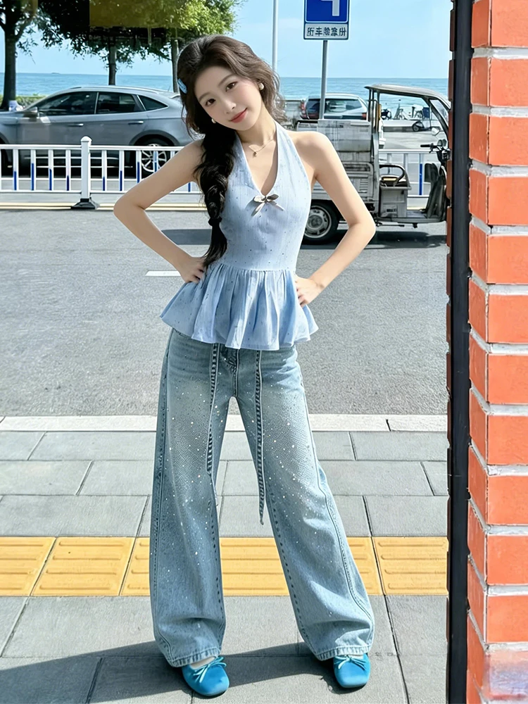 

High Waist Wide Leg Denim Jeans Women's Loose Fit Glittering Casual Spring New Sle Slimming ort Straight Floor-Length Pants