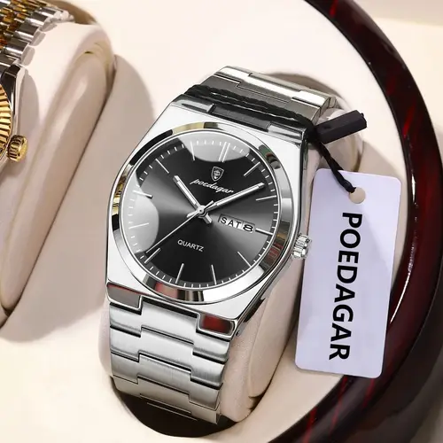 Imagen 2 del producto POEDAGAR, reloj de pulsera de cuarzo de lujo para hombre, resistente al agua, luminoso, con fecha, semana, reloj para hombre, relojes de moda de negocios de acero inoxidable para hombre