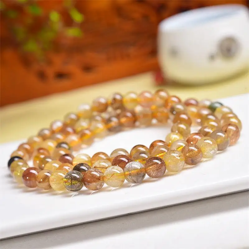

7MM Natural Colored Hair Quartz Triple Circle Bracelet Handmade Rope Luxury Jewelry Energy Healing Gift 1PCS