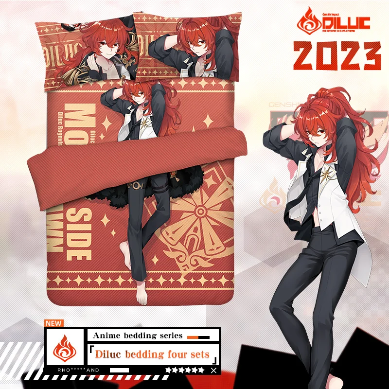 

Anime Genshin Impact Cosplay Bed Flat Sheet Quilt Cover Pillowcase Diluc Ragnvindr Cartoon Bedding Comforter Sets