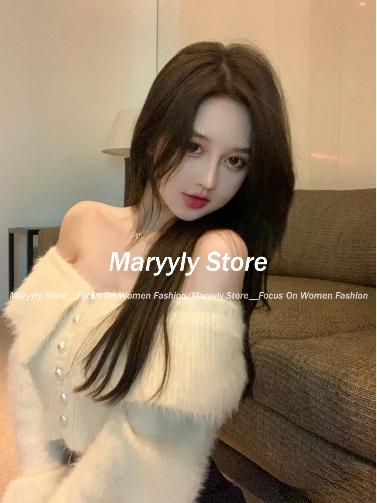 2024 Autumn Women Sexy White Y2k Cardigan Office Lady Long Sleeve Tops Bodycon V-Neck French Blouse Korean Fashion Outfits