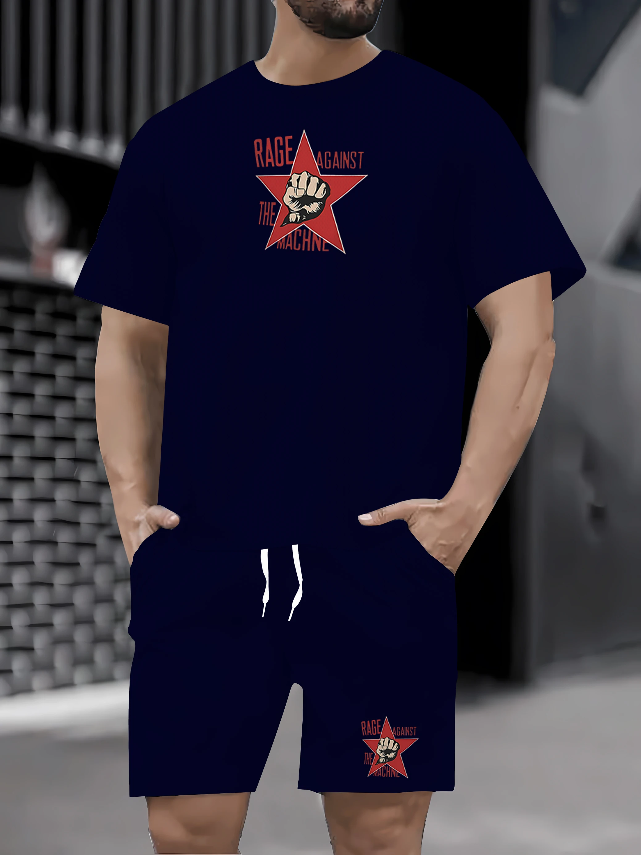 

2025 Summer New Men's Leisure Shopping Fitness Spider Pattern Fashion Printed Loose Round Neck Short Sleeve T-shirt+Shorts Set