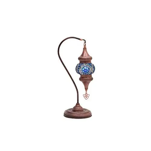 LaModaHome English Moroccan Handmade Mosaic Glass Swan Neck Table Lamp Light with Decorative Copper Fixture for Bedroom, Livingr