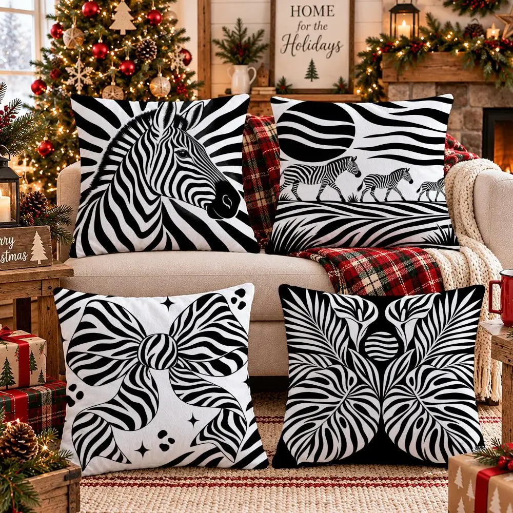 Monochrome Zebra Pattern Cushion Cover Soft Short Plush Pillow Cover Smooth Cozy Texture Cushion Case Home Decor