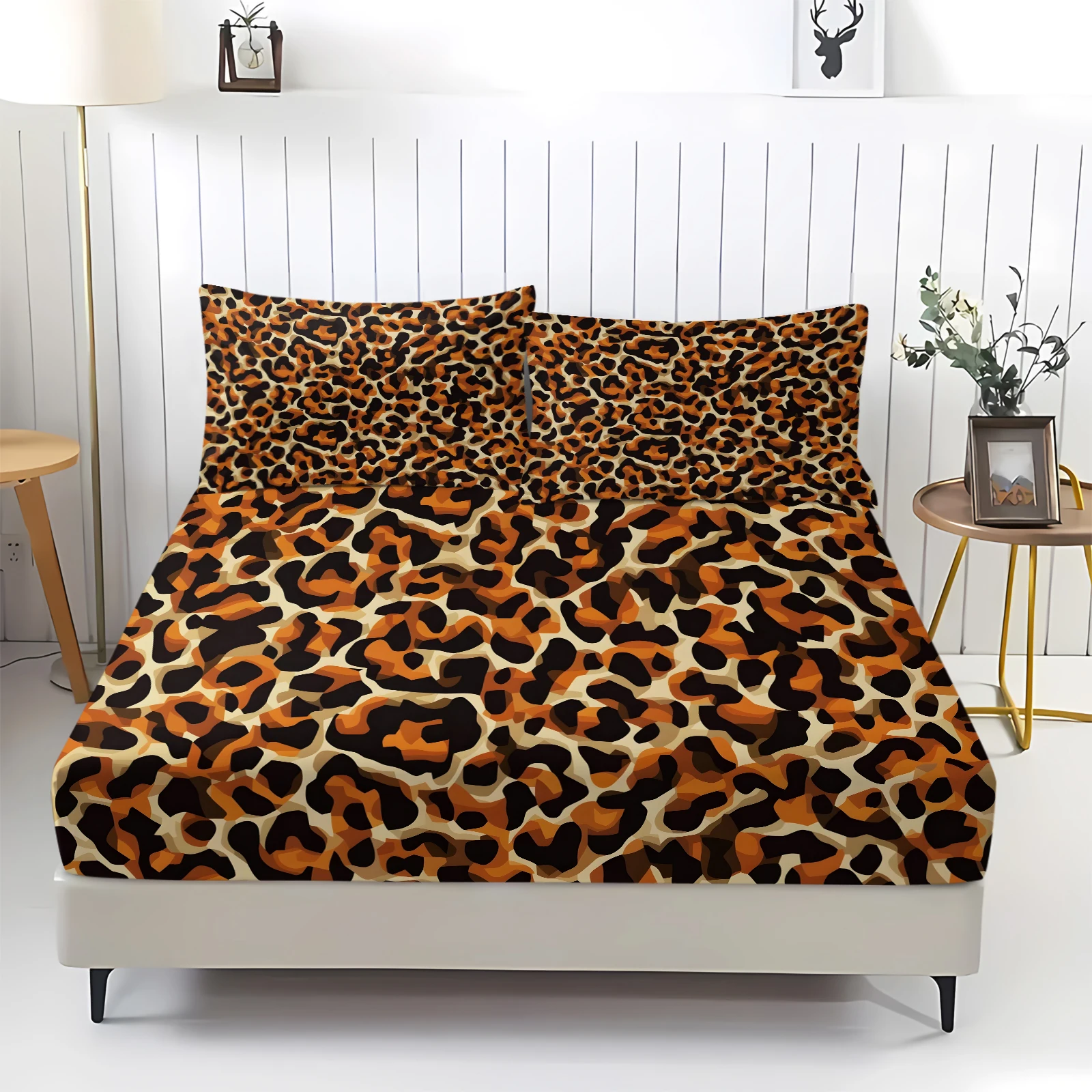 Vintage Brown Leopard Print Fitted Sheet 360 Degree Full Surround Elastic Mattress Protector Cover with Matching Pillowcases
