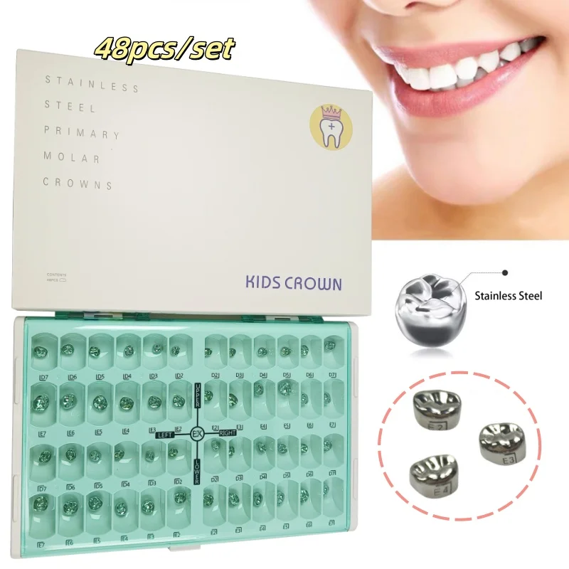 

48PCS Dental Primary Molar Crown for Kids 1st 2nd Molar Preformed Stainless Steel Crowns Deciduous Crown Orthodontic Materials