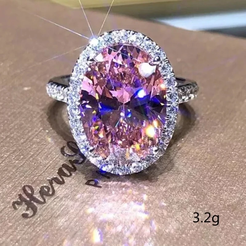 Milangirl Fashion  Ring Simple Geometric Oval Moissanite Inlaid Pink Zircon Ring For Women Temperament Girl Jewelry Hot Sale