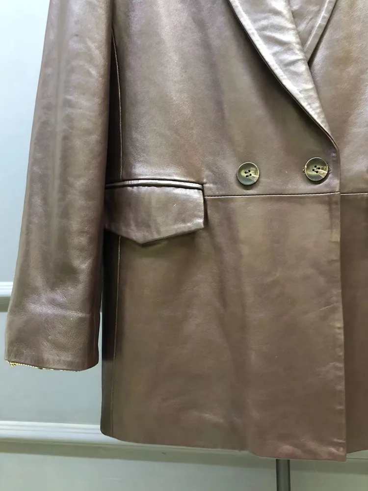 Frauen Herbst Top Qualität Fashion Echtes Leder Jacke Mid Lange Gerade Kerb Kragen Gepolsterte Mantel Natürliche Schaffell Oberbekleidung