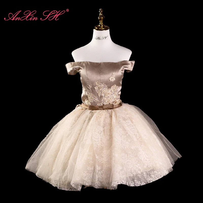 AnXin SH-Robe de soirée en satin champagne, tenue de princesse vintage, dentelle, col bateau, nœud papillon, courte, personnalisée, petite robe blanche