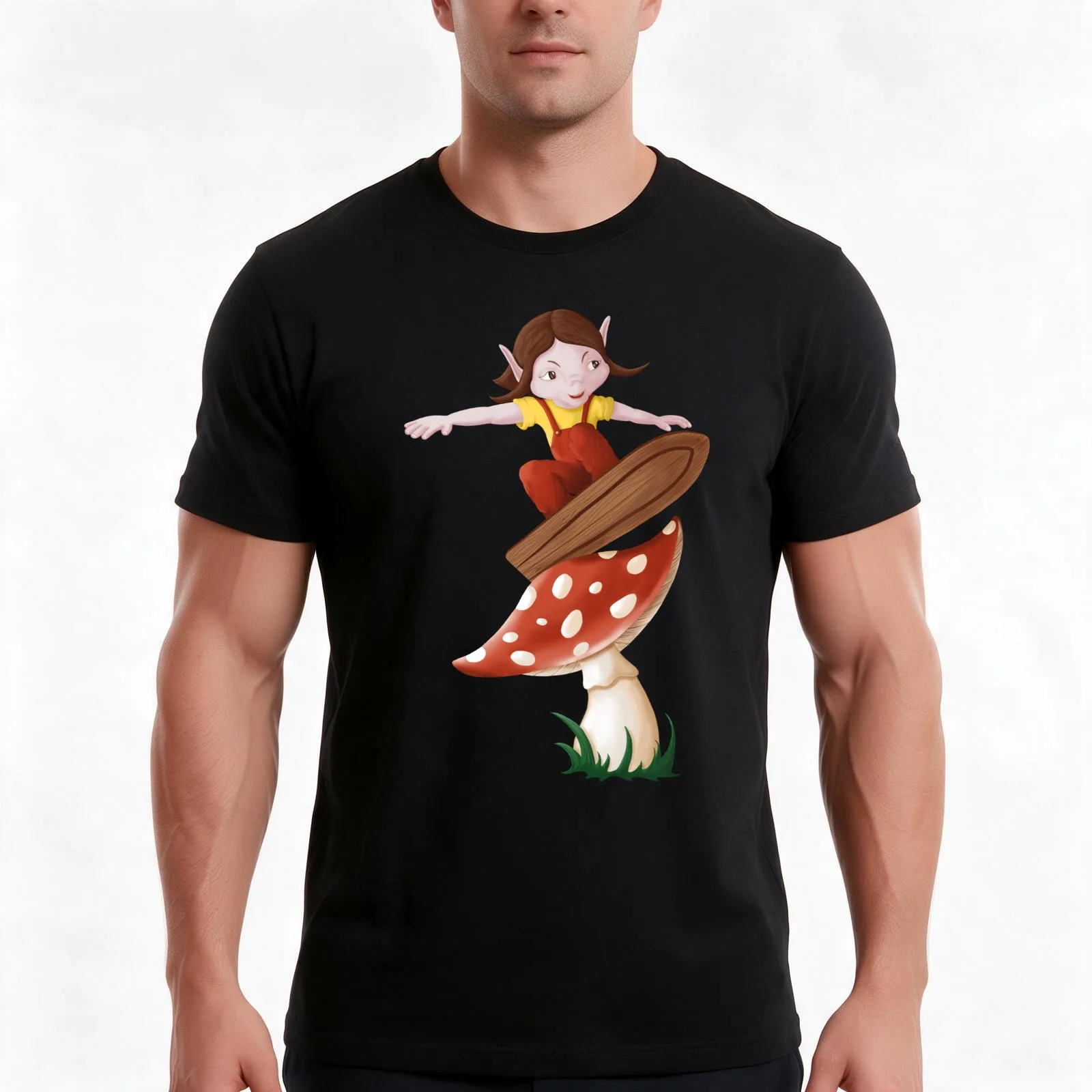 Elf on the board T-Shirt, Summer Casual Cotton Tee, Oversized Streetwear Tops, Vintage Graphic Print, Loose Fit Short Sleeve