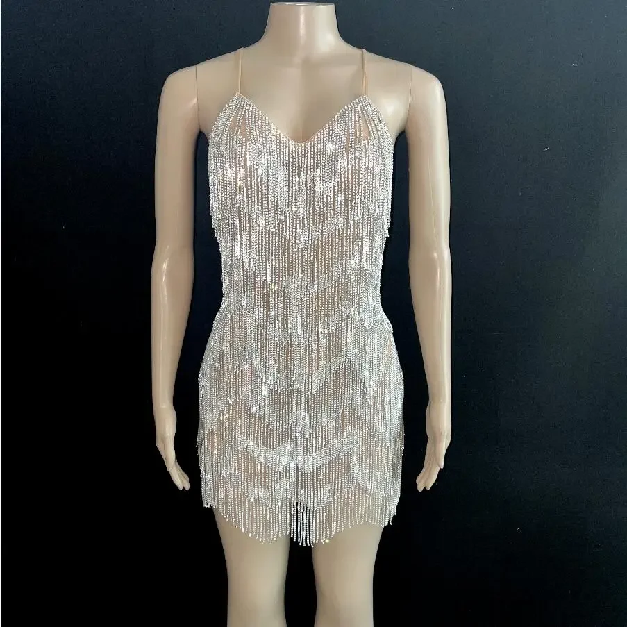 luxurious Silver Crystals Chains Transparent V-neck Backless Dress Fashion Stones Design Performance See Through Outfit Costume