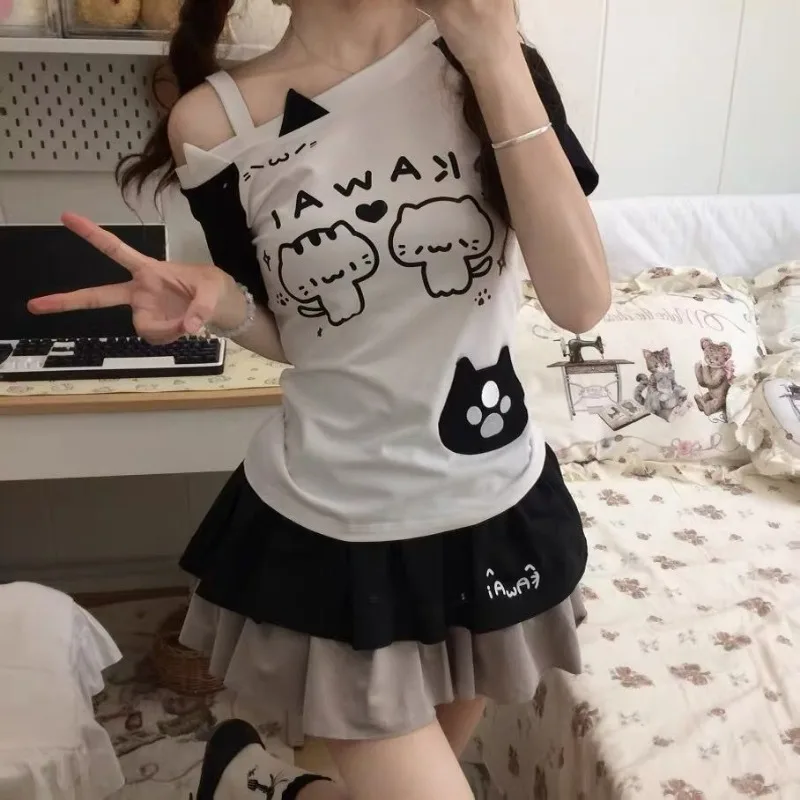 

Y2k Tops Short Sleeve Tshirt Off-Shoulder Kawaii Anime Cat Ear Cartoon Graphic Print Japanese T-shirt Cute Clothes Summer 2025