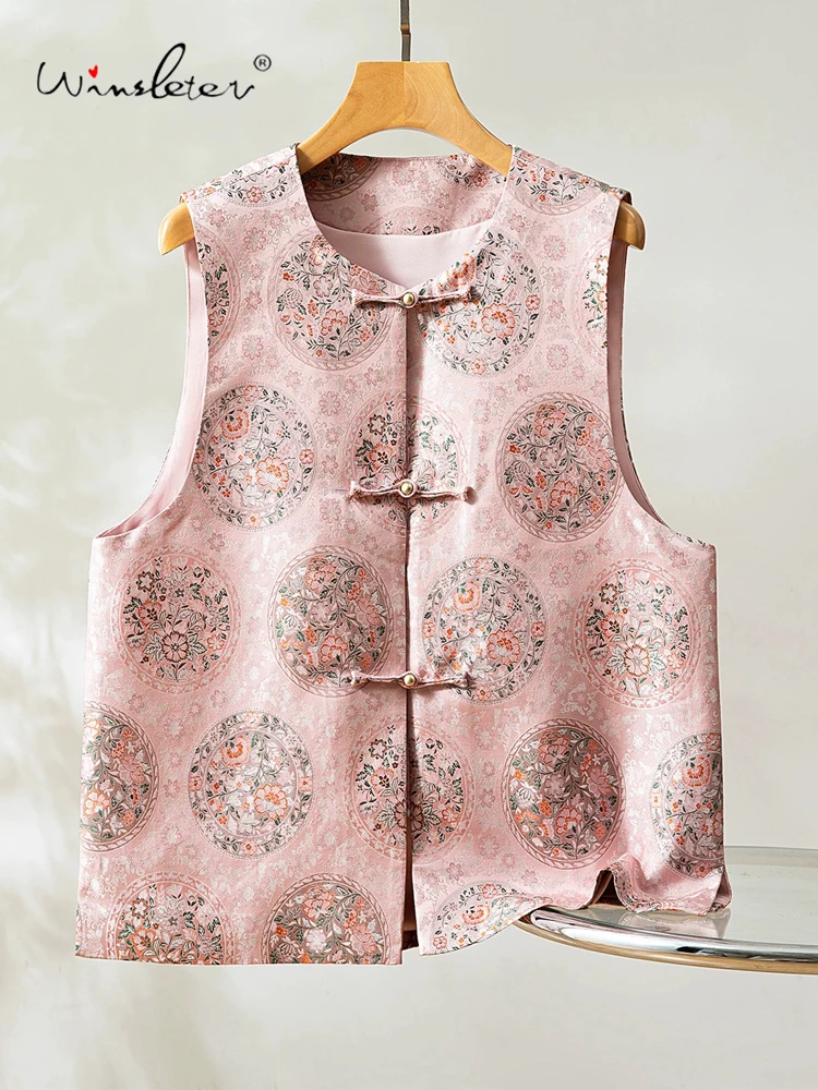 

Winsleter-100% Элегантный жилет из парчи из настоящего шелка Song, геометрия с круглым вырезом, женский новый жилет в китайском стиле, зима 2025 года C5N637CC