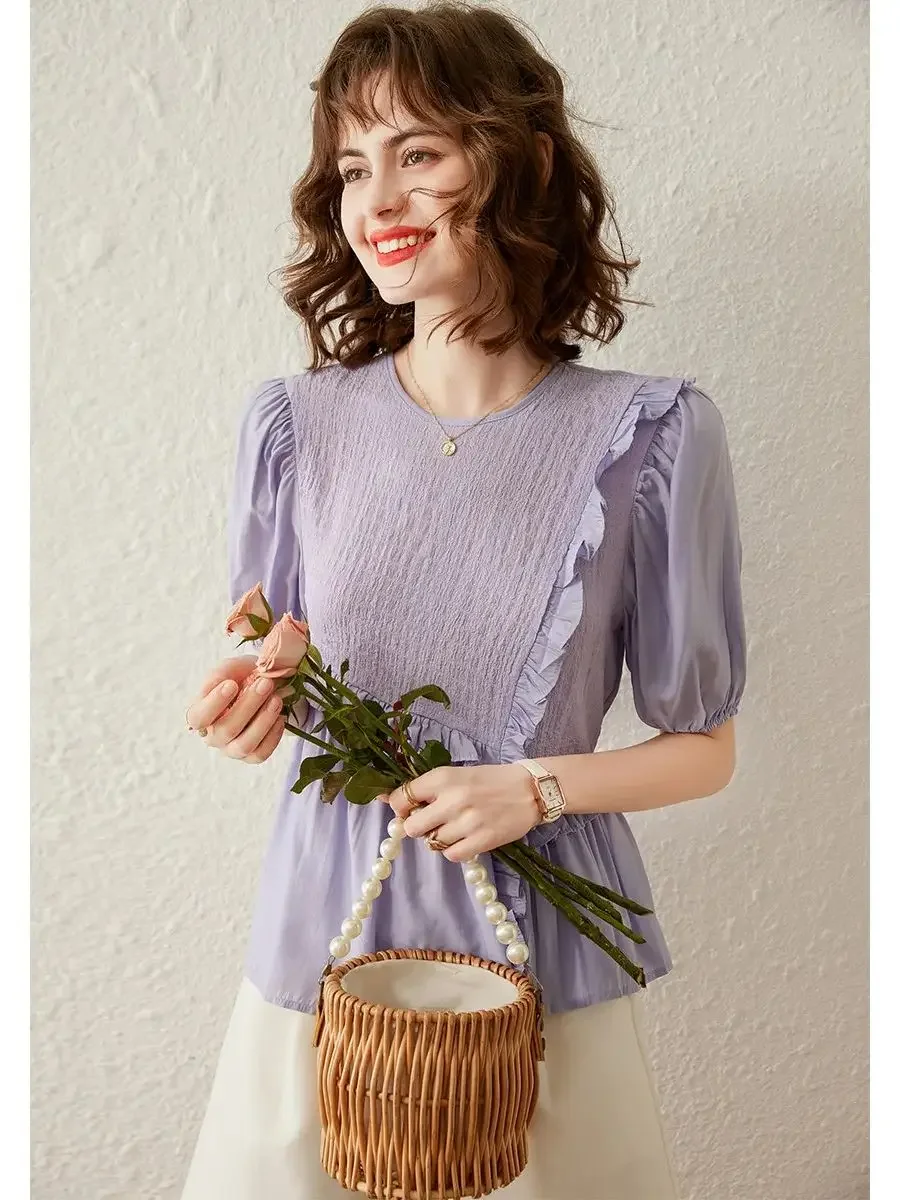 LOUIS YAO Women Shirt 2024 Summer New Round Neck Puff Short Sleeve Office Lady Flounce Loose Elegant Blouses Women's Top