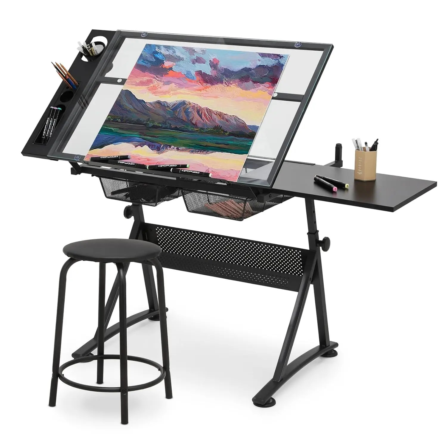 Drafting Table with Height Adjustable Glass Top, Drawing Table with Storage Drawers, Extendable Design, Art Desk, Customized