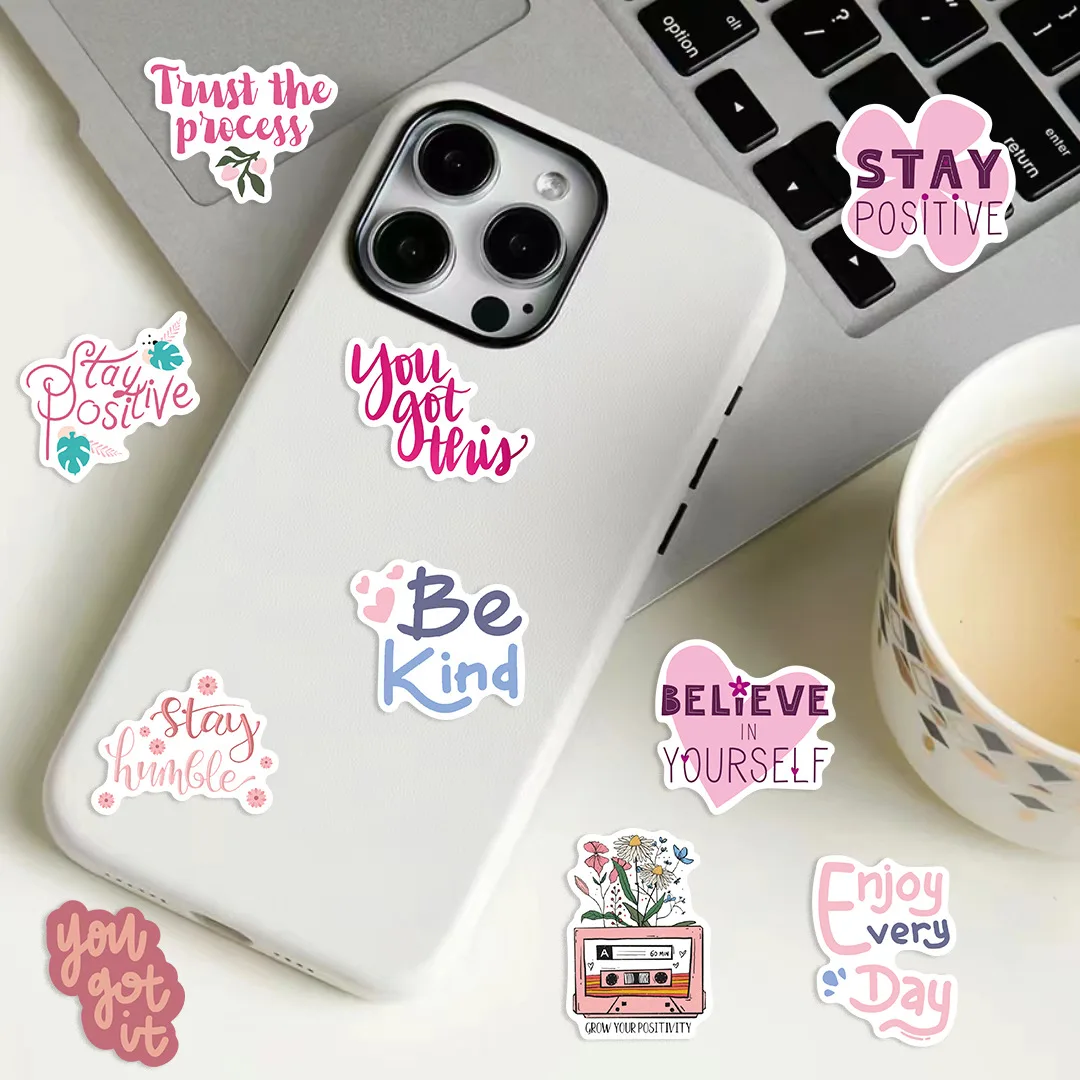 50pcs Pink Motivational Phrases Cartoon Graffiti Stickers Phone Guitar Laptop Notebook Suitcase Water Bottles Waterproof Sticker