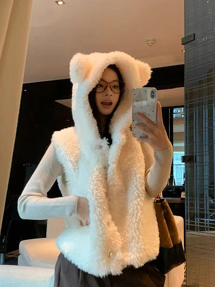 Winter Faux Lambs Hooded Vest Women Y2K Cute Bear Ears Loose Casual Jacket Female Streetwear All Match Sleeveless Plush Coats