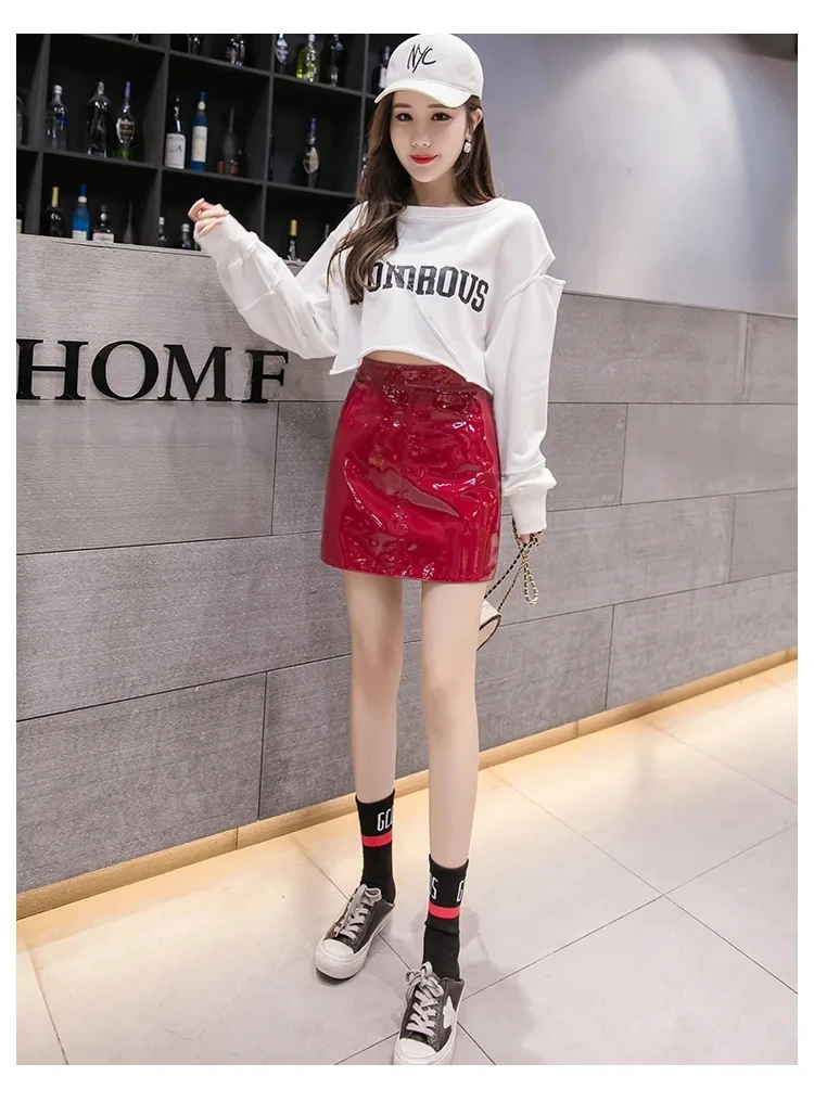 2024 PU Leather Skirt Spring Fashion Glossy Candy High Waist Solid Slim A-line Skirt Work Commuting Casual Dress