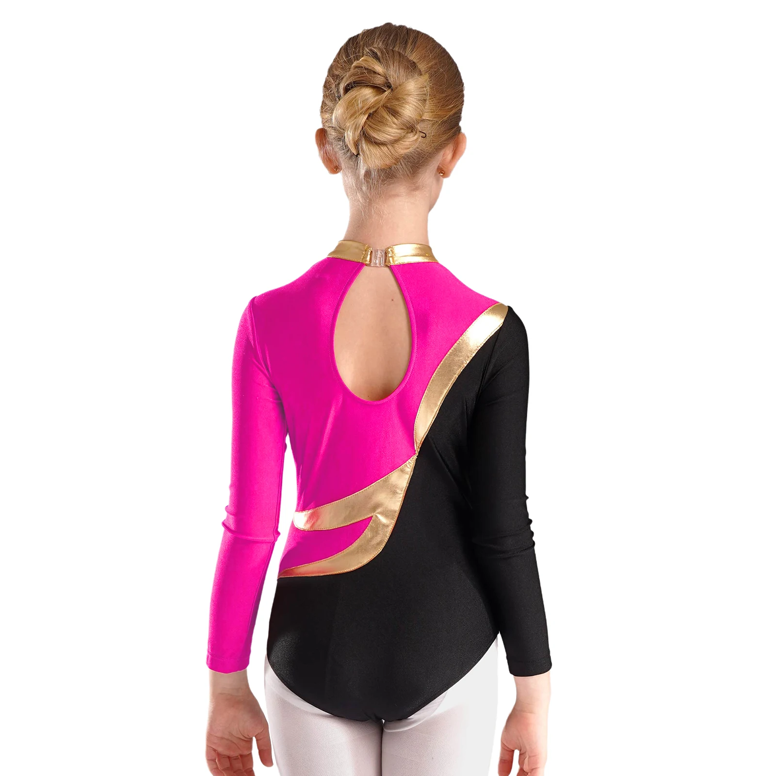 Kids Girls Figure Skating Leotard Color Block Long Sleeve Mock Neckline Patchwork Keyhole Back Bodysuit for Dance Gymnastics