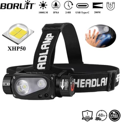 BORUiT 1000LM XHP50 LED Motion Sensor Headlamp Type-C Rechargeable Power Bnak Headlight with Magnet Camping Head Torch