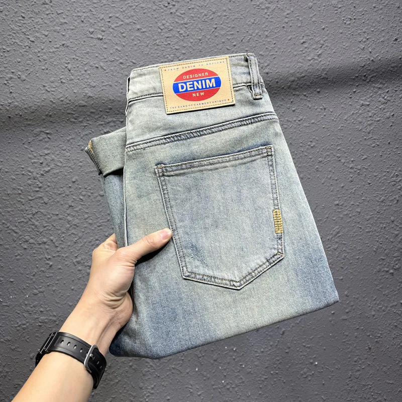 2024Summer New Thin Type Jeans Men's Distressed Retro Fashion Casual Stretch Slim Fit All-Match Washed High-End Cropped Pants