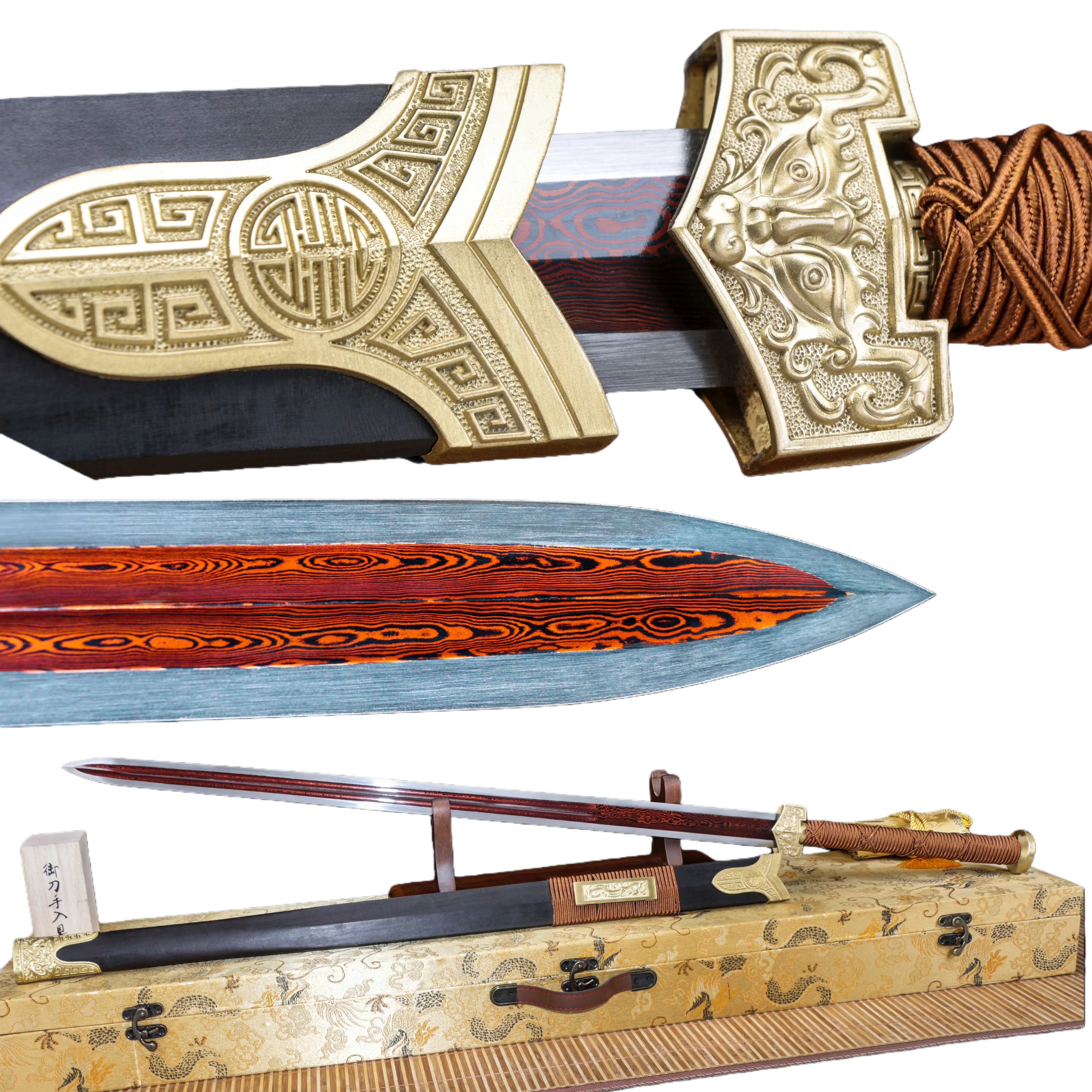 Ancient Chinese Han Dynasty warrior swords, retro medieval combat preparations, hand-folded Damascus steel katana, sharp blades