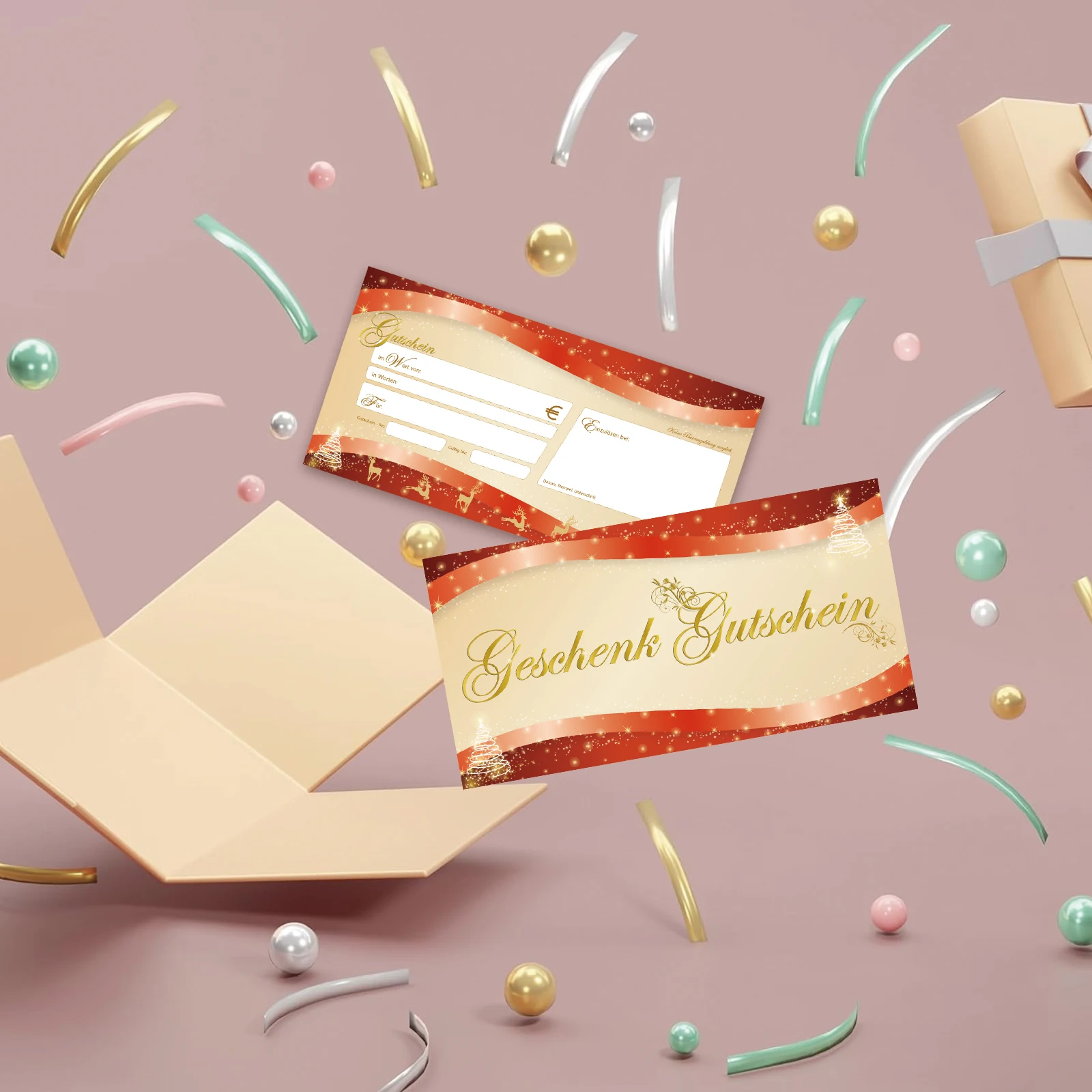 25 قطعة بطاقة هدايا عيد الميلاد خصم بطاقة قسيمة ألوان مائية شجرة عيد الميلاد والغزلان تصميم "Geschek Gutschin" الخط الذهبي، مثالي #6