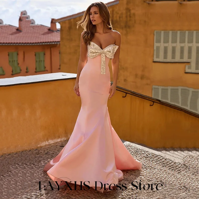 LAYXHS Modne Różowe Sukienki Wieczorowe Dekolt w Serek Kokarda Syrena Długość Do Podłogi Sukienki Balowe Formalne Szyte na Miarę فستان سهرة نسائي