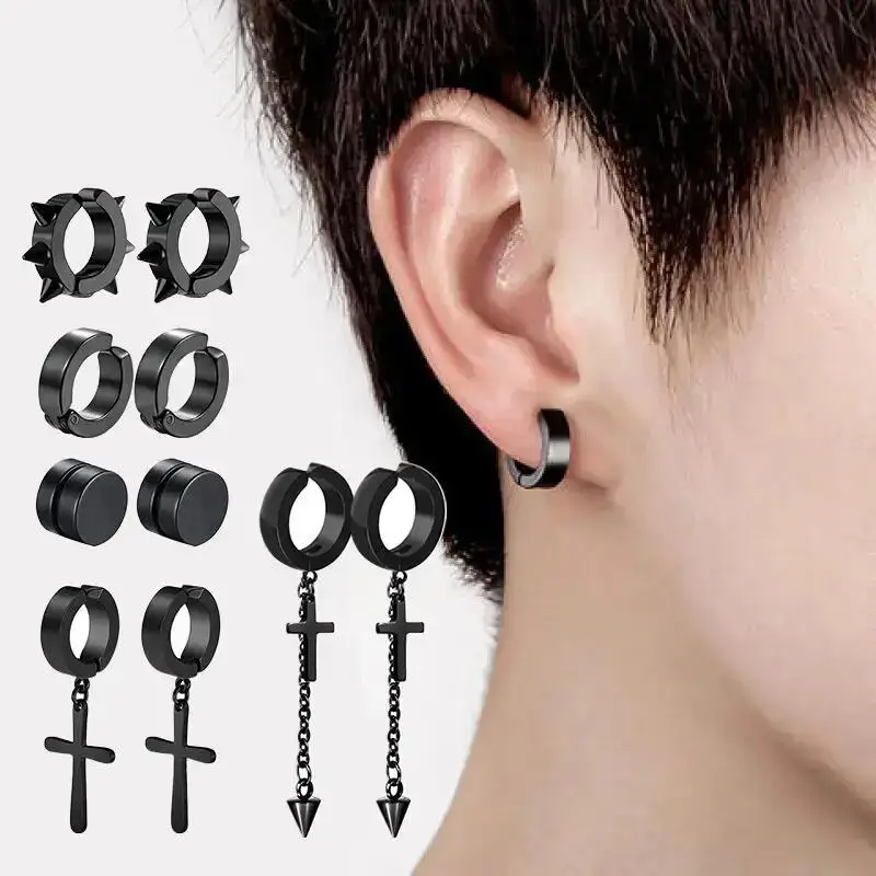 1-5 Pairs Fashion Men's Punk Cross Triangle Pendants Stainless Steel Earless Magnet Earrings Set Unisex Black Clip Earrings