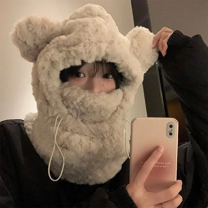 

Women Winter Warm Hat Scarf Sets Plush Thickened All-In-One Kawaii Bear Ear Beanie Windproof Scarf Hooded Ear Protection Cap