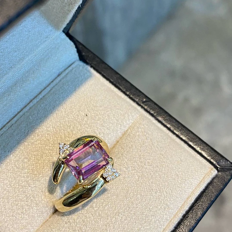 Aazuo Fine Jewelry 18K Solid Yellow Gold Natrual Topaz Real Diamond Fairy Ring Gifted For Woman Wedding Day Deluxe Banquet Party