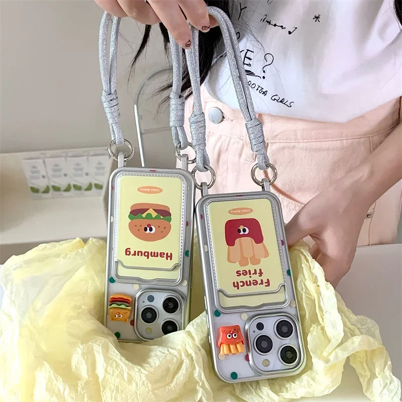 Cute French fries Card Holder Electroplating Phone Case For iPhone 15 Pro 12 14 13 Pro Max 14pro Cover with Hand Strap Cases Fun