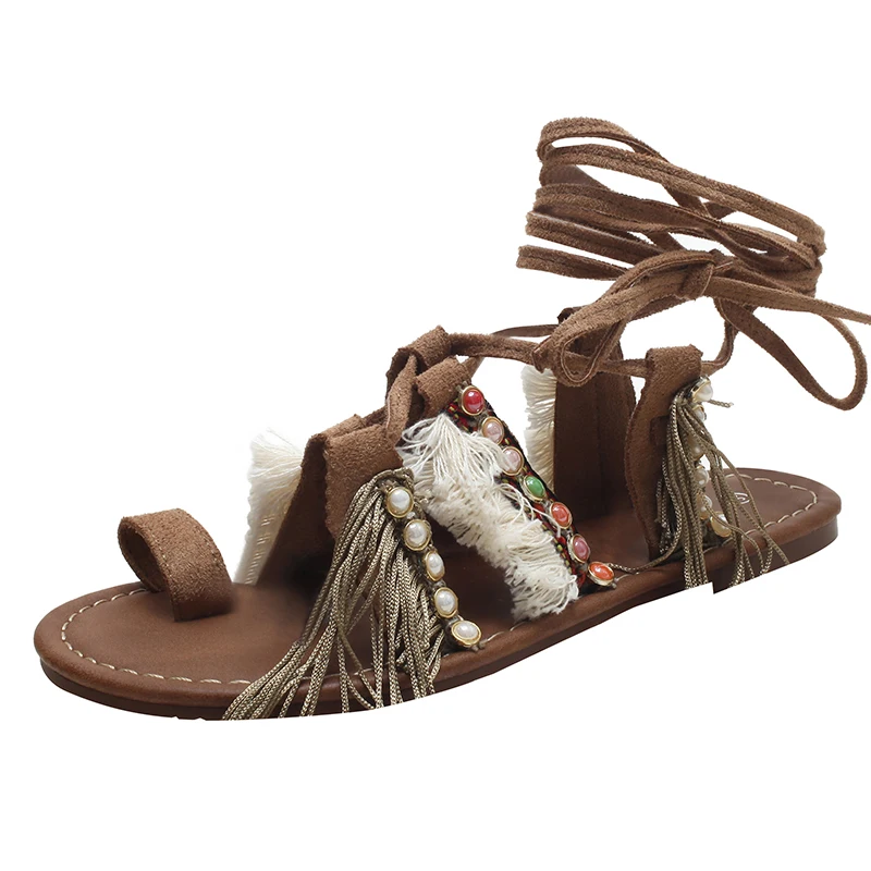 Retro Women Fringe Flower Wedges Shoes 2022 Solid Flock Beach Casual Sandals Women Summer Flip Flop Sandals