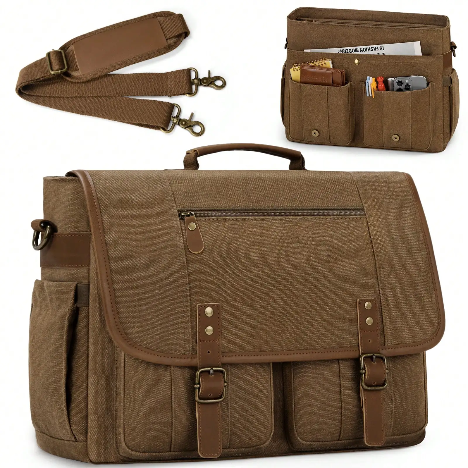 

Mens Messenger Bag 17-17.3 Inch Vintage Canvas Briefcase Water-Resistant Large Computer Laptop Bag Rugged Satchel Shoulder Bag For Work Travel, Bookbag For College