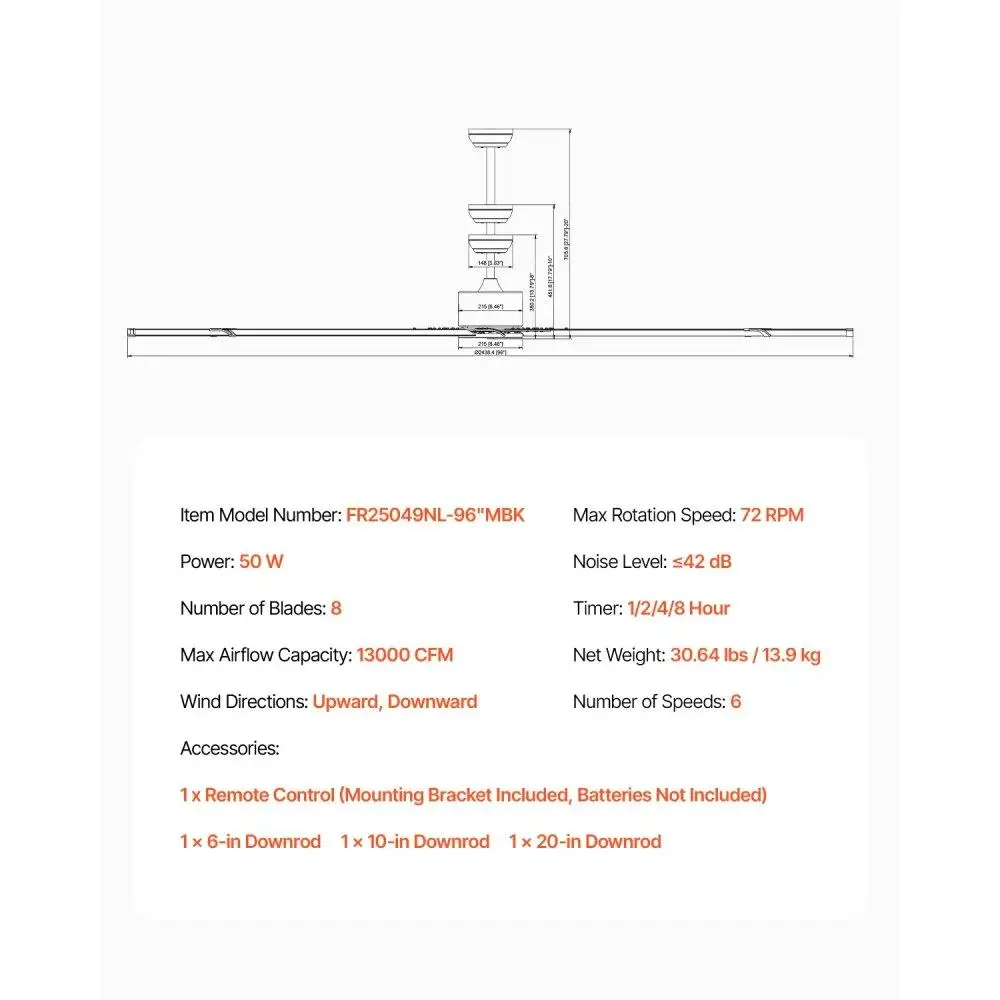 96 في مروحة سقف بدون ضوء، 6 أجهزة تحكم عن بعد، ألومنيوم 8 شفرات، محرك تيار مستمر قابل للعكس، حامل دافق حديث منخفض المستوى