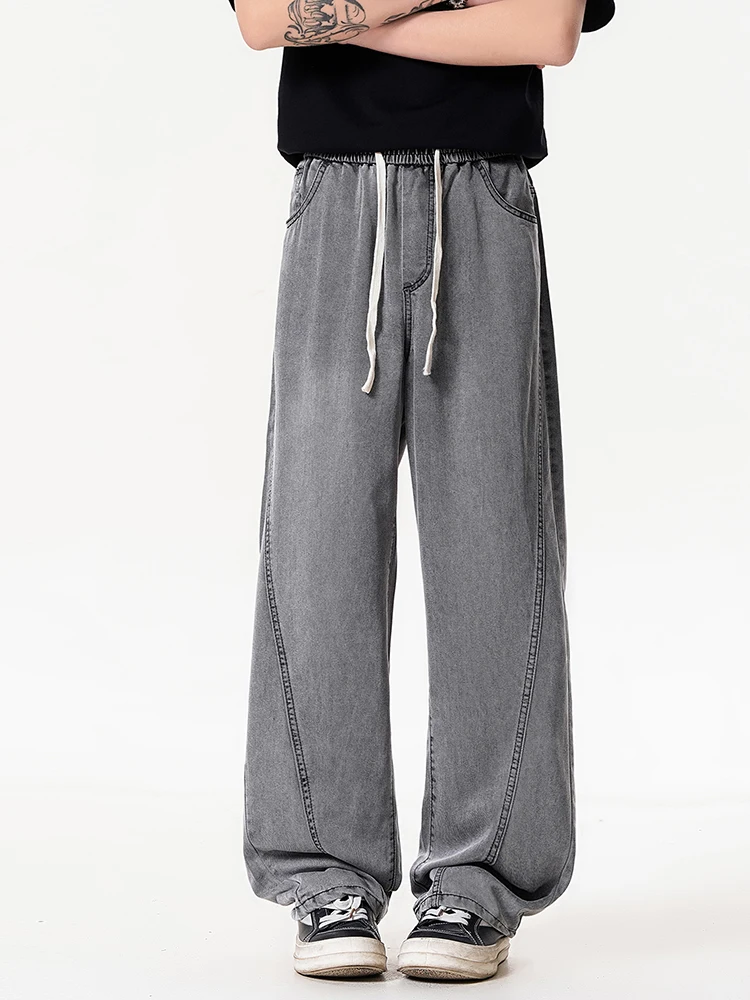 KSTUN Summer Gray Lyocell Wide Leg Jeans Men Elastic Waist Drawstring Vintage Washed Loose Straight Denim Pants Soft Breathable