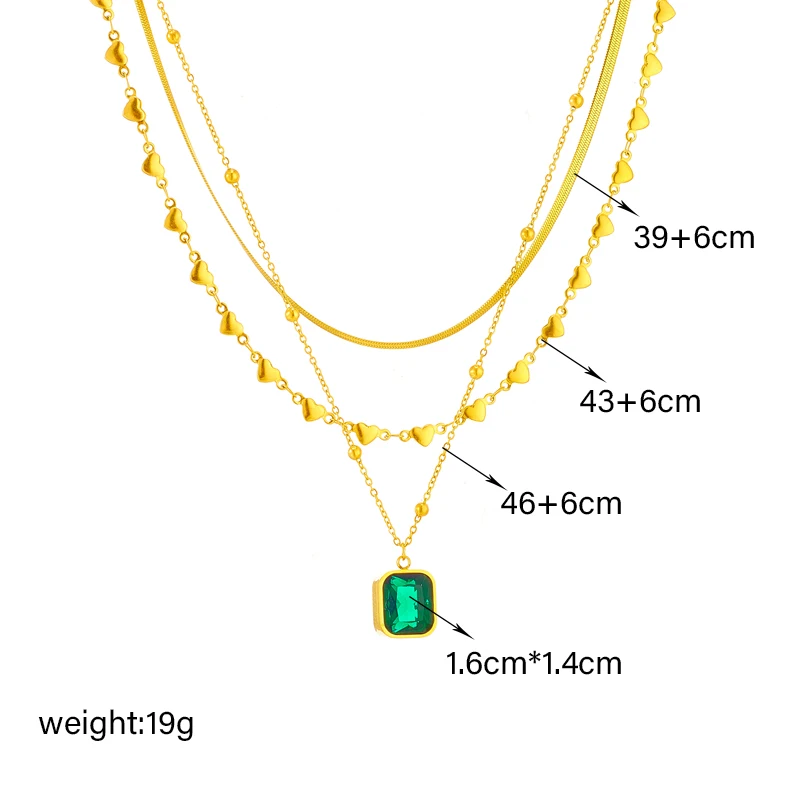 LAMENGLY 316L Stainless Steel Square Green Zircon Pendant Necklace For Women Girl New Trend Multilayer Chains Jewelry Gift Party