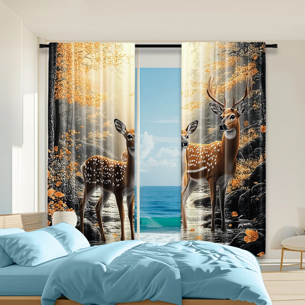 

2Pcs Rustic Deer Print Light-Filtering Curtain Polyester Rod Hole Window Drapes For Bedroom Various Room Types Animal Theme