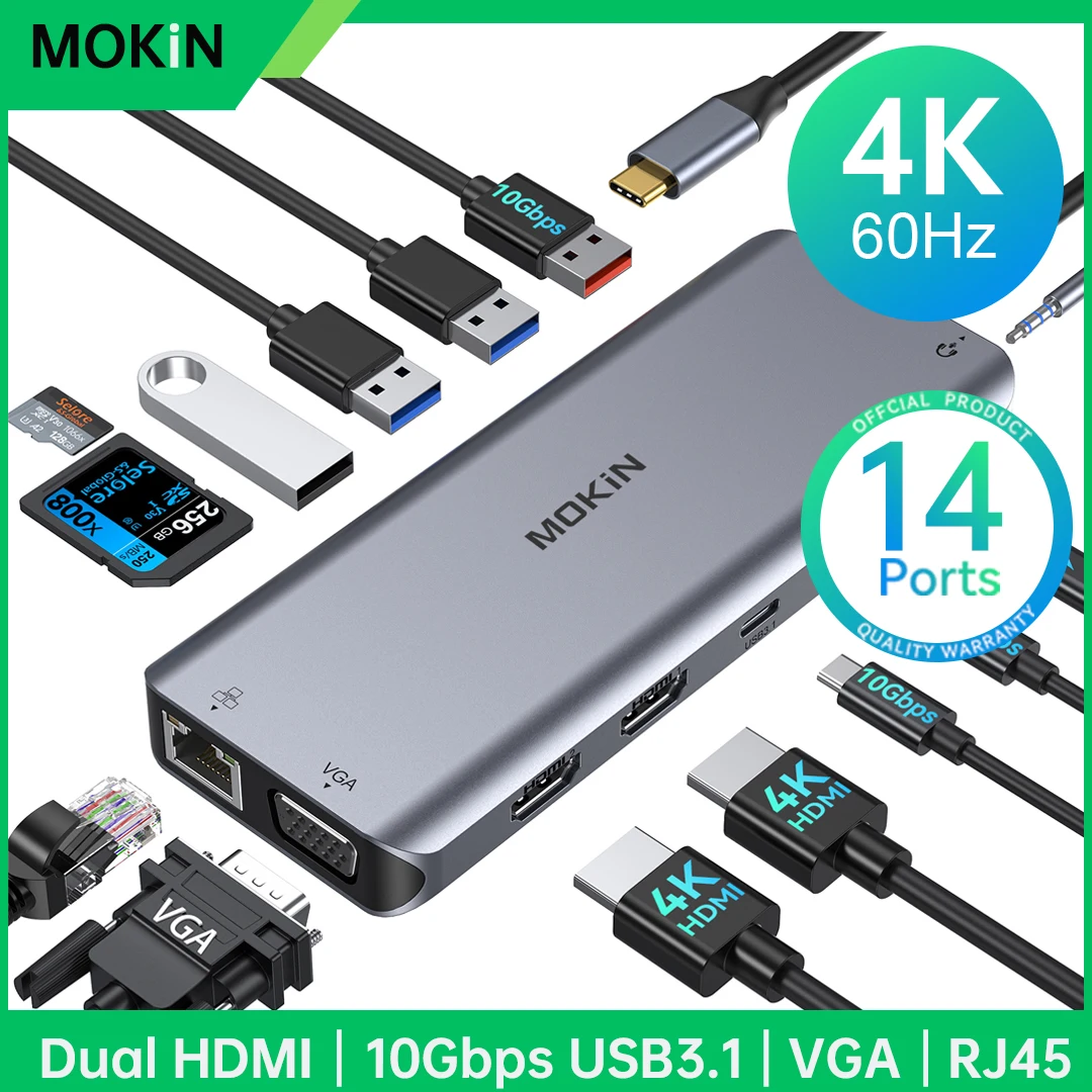 

USB-концентратор MOKiN, 4K, 60 Гц, Тип C на HDMI, DP, VGA, Gigabit Ethernet, USB 3,1, PD, 100 Вт, адаптер для Macbook Air Pro, M2, M1, аксессуары для ПК