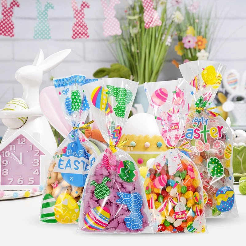 50pcs Easter Candy Gift Bags Easter Treat Bag with Ties Easter Party Kids Gifts Cookie Packaging Supplies Basket Stuffer