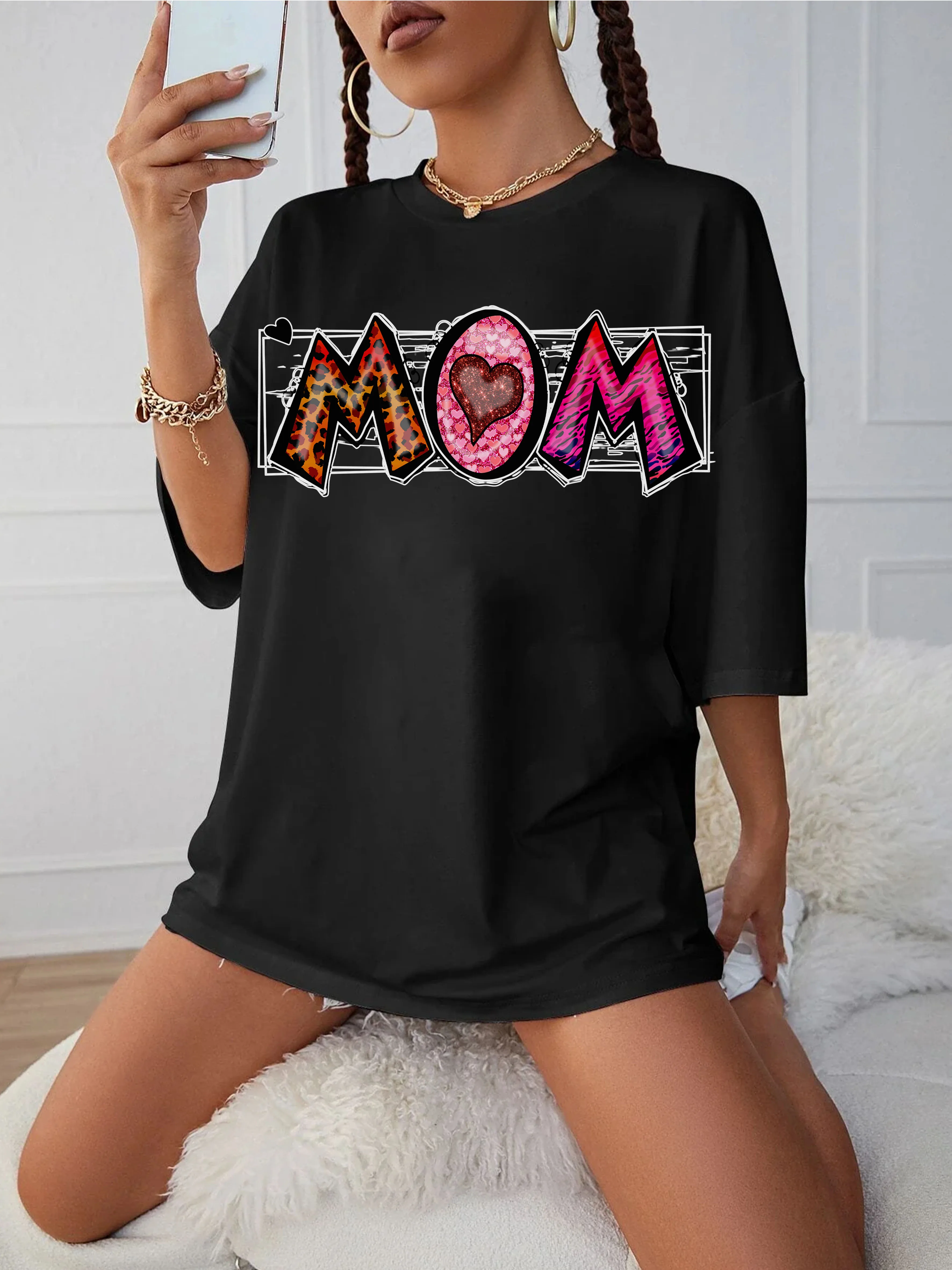 

Mom Sublimation Comfortable Black Maternity T-Shirt Women's Loose Fit Round Neck Perfect for Late Pregnancy