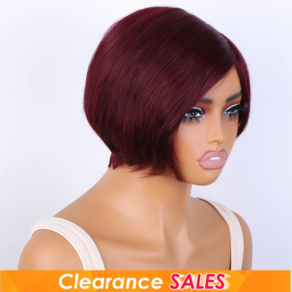 Rebecca 99J Colored Short Straight Bob Side Part Human Hair Wigs For Women Wear And Go Brazilian Remy Hair Burgundy Red Wigs