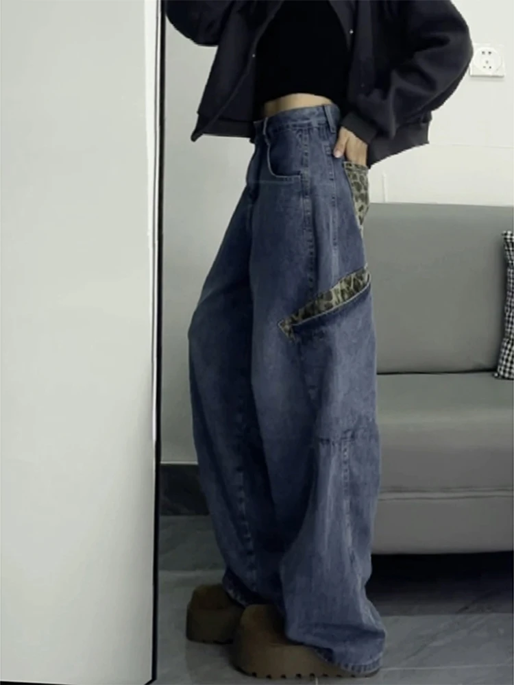 

Deep Blue Workwear Sle Patchwork Men's High Waist Jeans Loose Lazy Straight Leg Wide Leg Pants Autumn Winter Faion