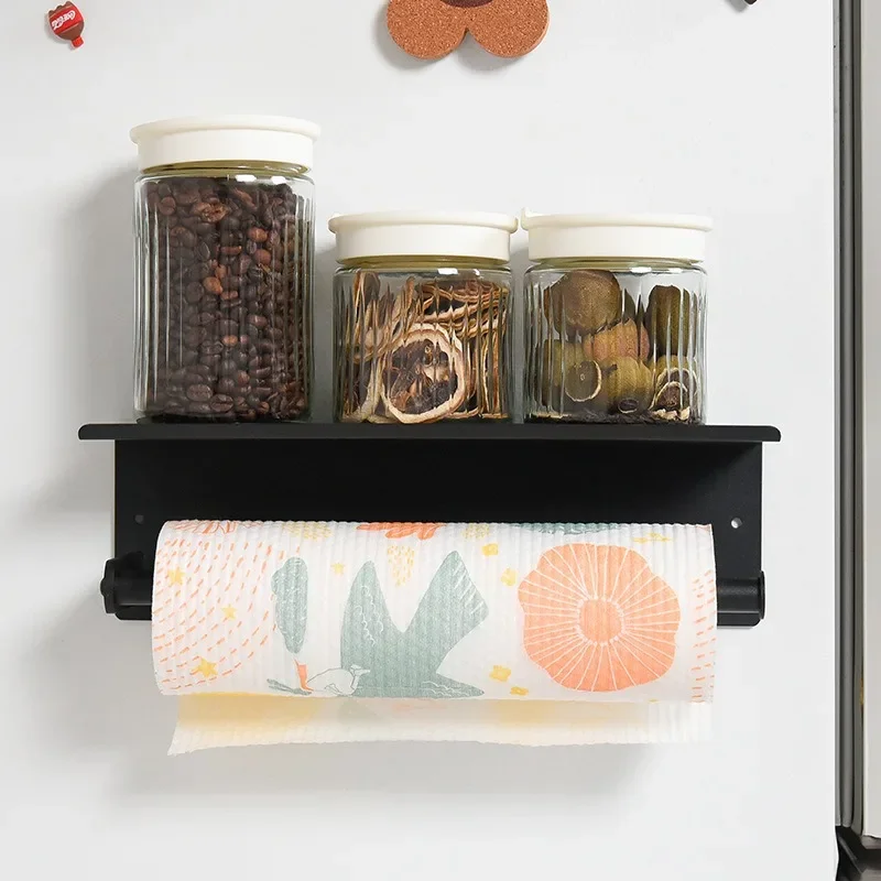 Kitchen Magnetic Paper Holders for Refrigerator Side Metal Spice Organization Storage Racks Home Punch-Free Plastic Wrap Shelf