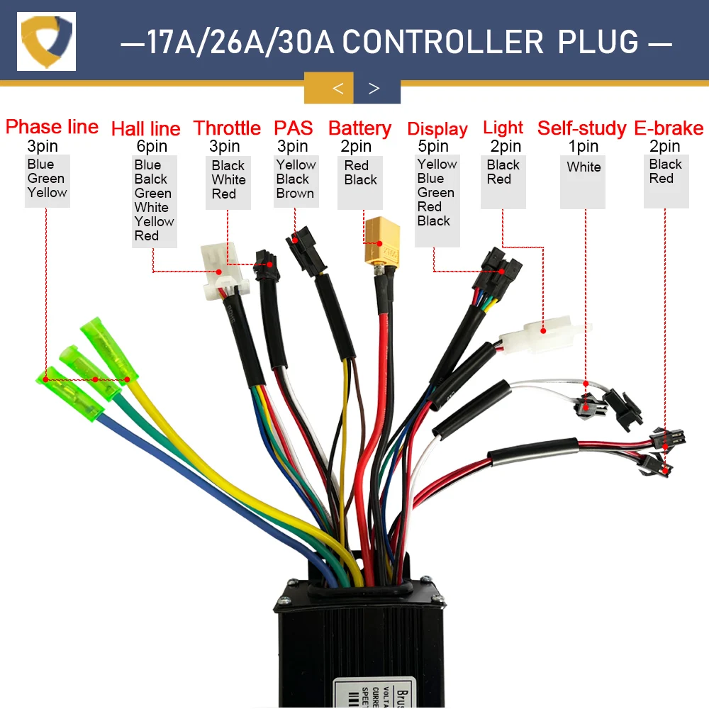 Ebike Sine Wave 17A 26A 30A Controller with 36V/48V LCD DIsplay V889 For Wheel Hub Motor 250W-1000W Electric Bike Conversion Kit