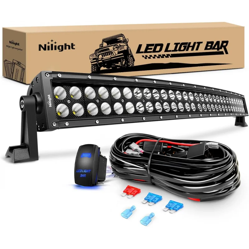 ZH410 32Inch 180W Curved LED Light Bar Work Light Spot Flood Combo Offroad Driving Lights with 16AWG Wiring Harness Kit， 2 Year